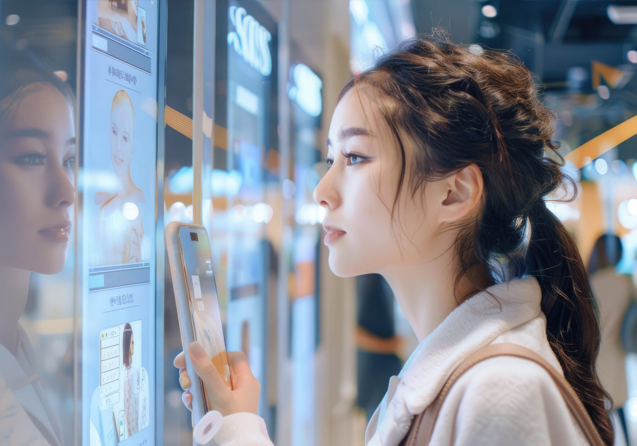 Shoppers interacting with AI-powered kiosks and apps for personalized shopping experiences. The image illustrates how AI enhances customer service and tailoring of product recommendations.
